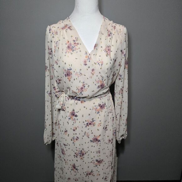 Everly Floral Rayon Wrap Dress Long Sleeve Size L Pink Multicolor Fairy Whimsy - Picture 4 of 10